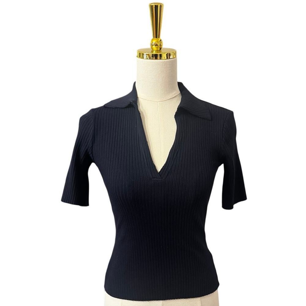 Cotton Citizen Ibiza Ribbed Polo Top Navy Blue XS Made in USA Stretch Knit